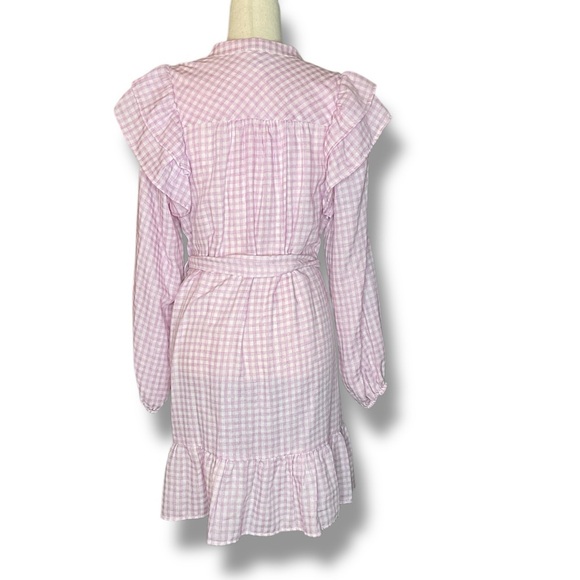 FRNCH Lavender Picnic Check Frill Balloon Sleeve Belted Mini Dress Size Medium - Picture 3 of 9